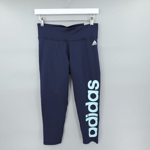 Adidas Fab Tights Women Medium Blue Big Logo 34 Mix Climalite Mid Rise Running - Picture 1 of 16